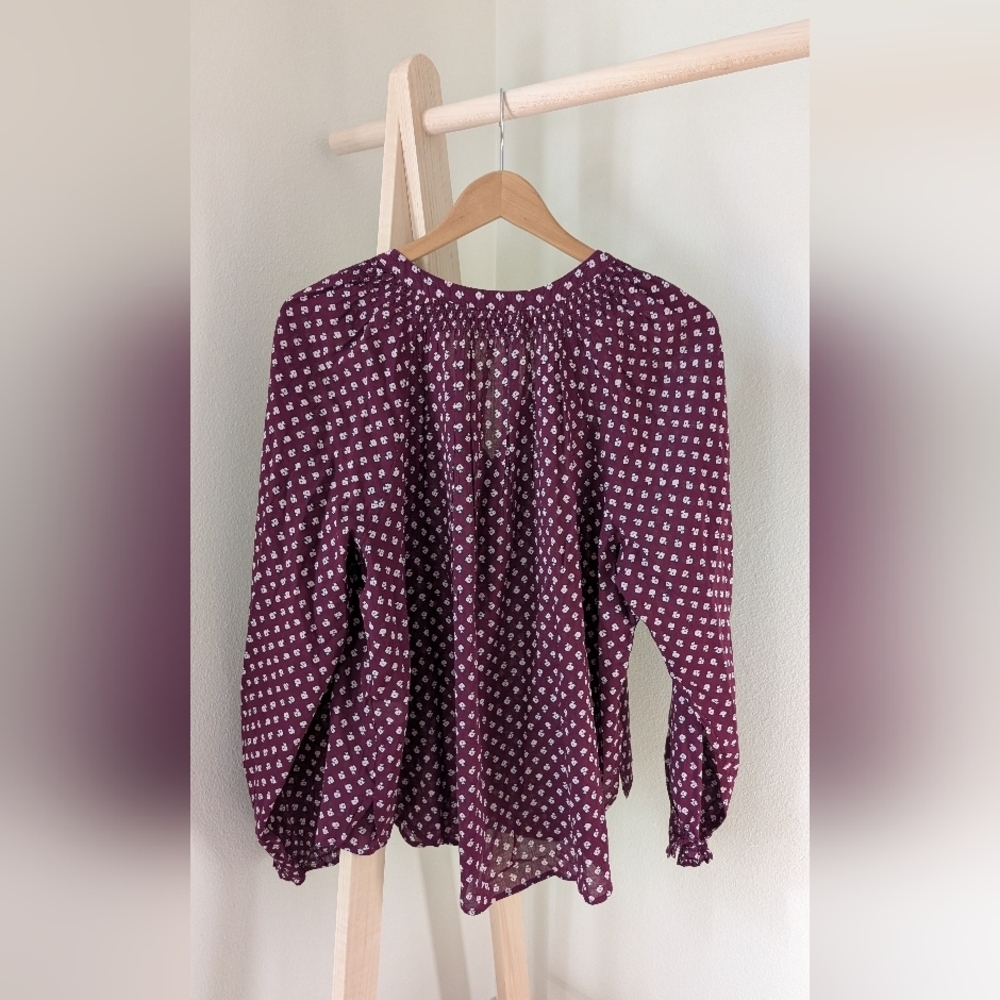 Floral Smocked Wrist Henley with 1/4 Button Down Closure In Plum - Picture 2 of 8